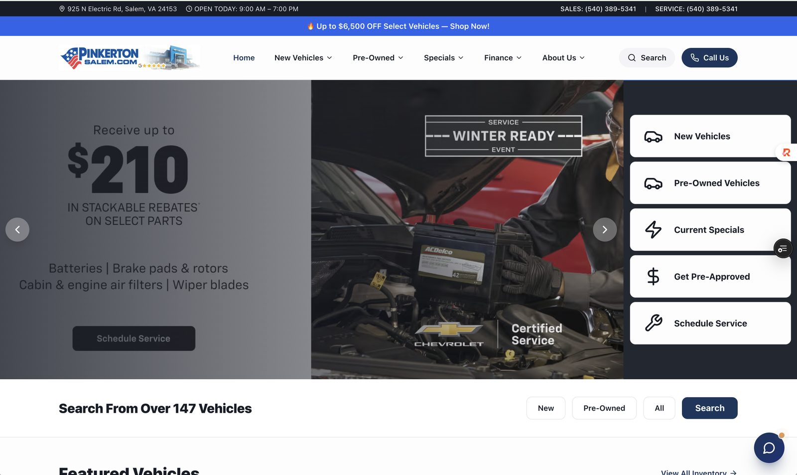 Dealer Forge dealership website preview — Pinkerton Chevrolet of Salem, VA with inventory search, specials, and service scheduling