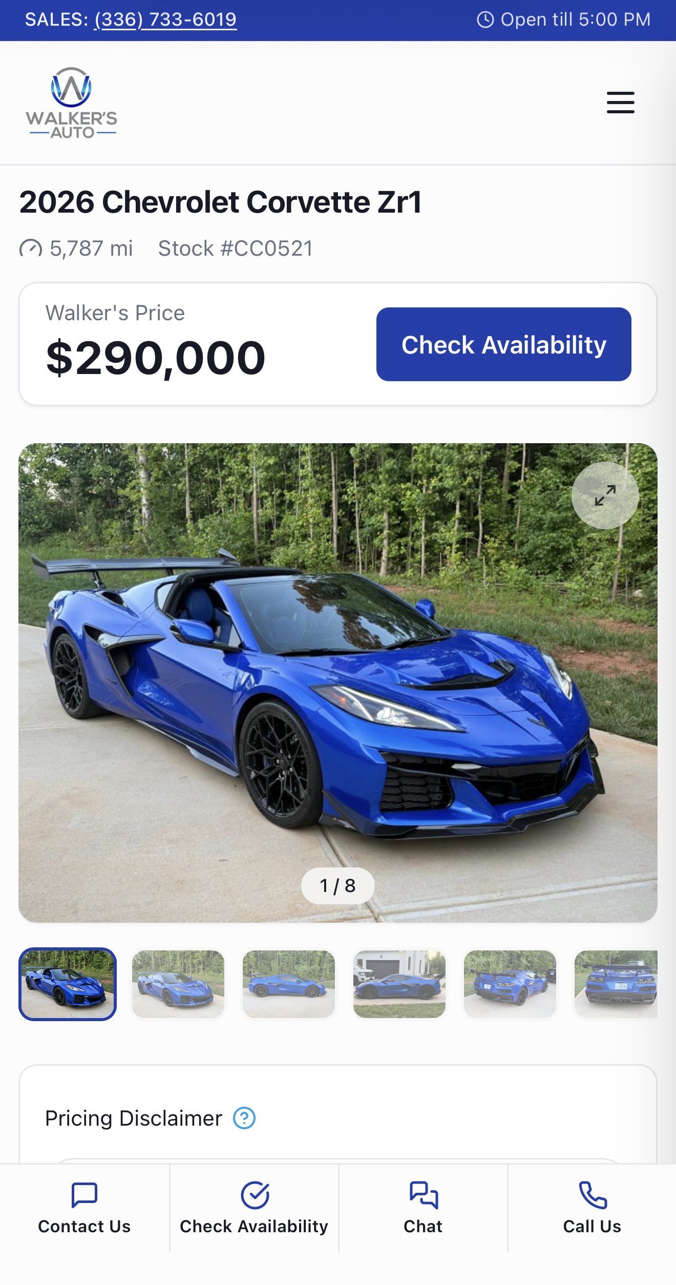 Dealer Forge dealership website on a phone — Corvette ZR1 vehicle page with price, gallery, and one-tap contact actions