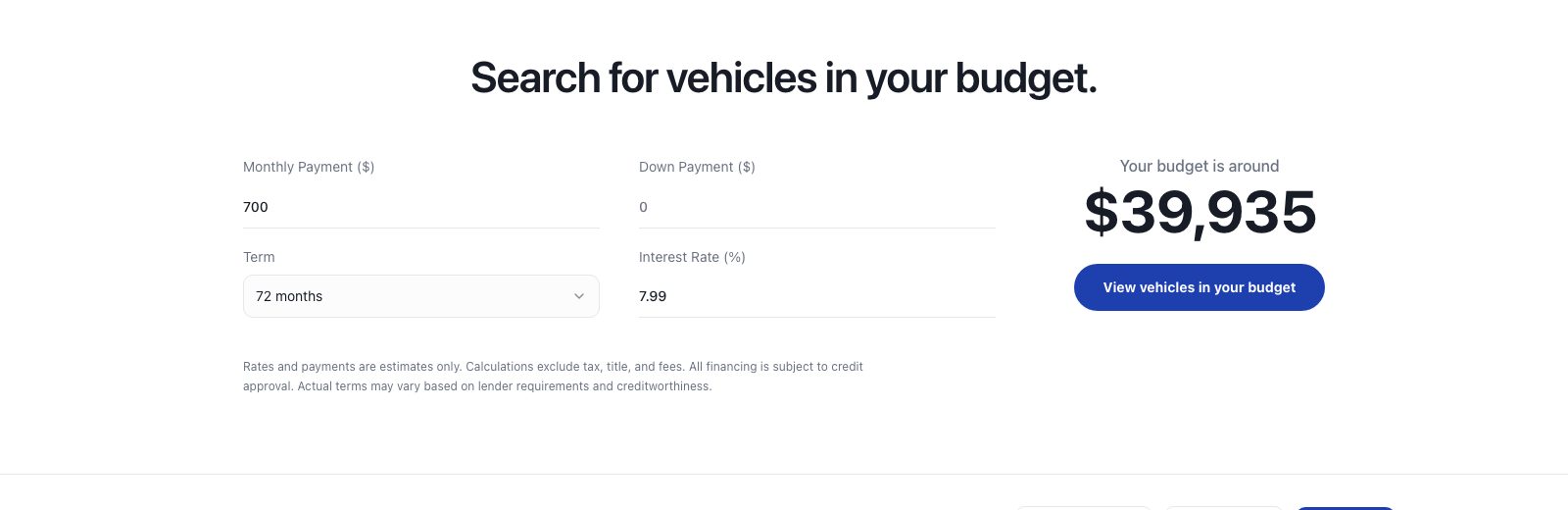 Dealer Forge budget search — monthly payment calculator showing vehicles in the shopper's budget
