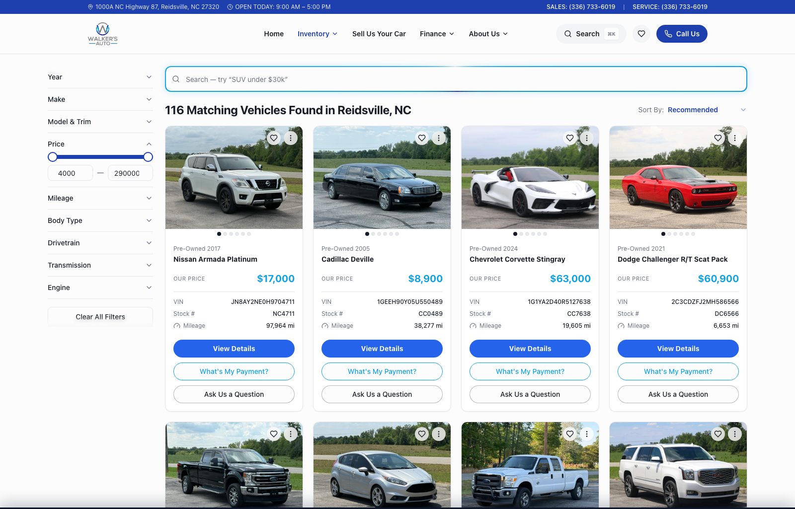 Dealer Forge inventory search results page — natural-language search, filters, and real vehicle cards
