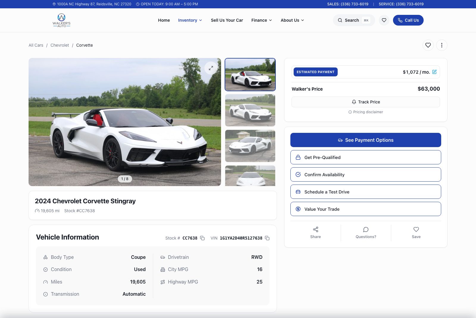 Dealer Forge vehicle detail page — Corvette Stingray with estimated payment, photo gallery, and one-tap actions