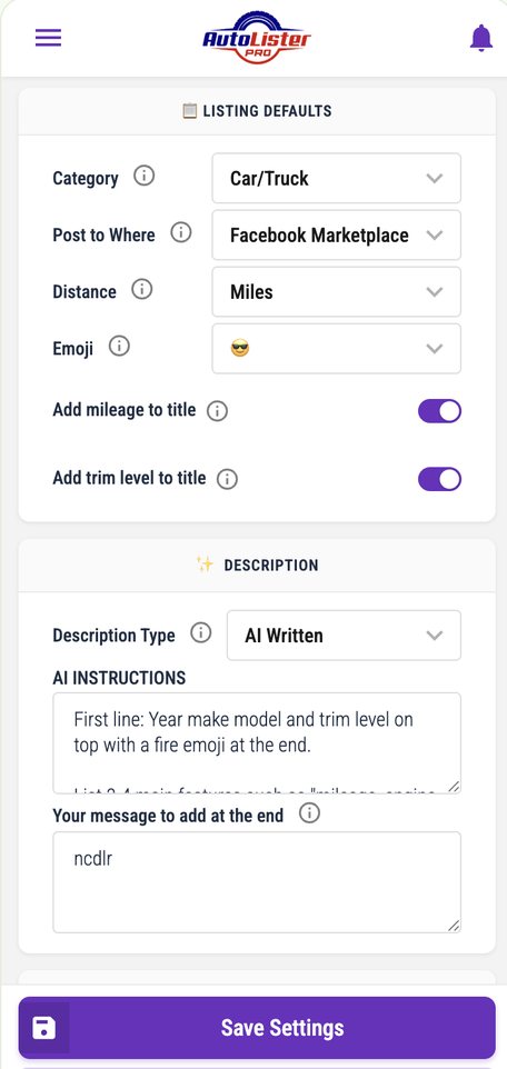 The AutoLister Pro Chrome extension: listing defaults for category, platform and title, plus AI-written description settings