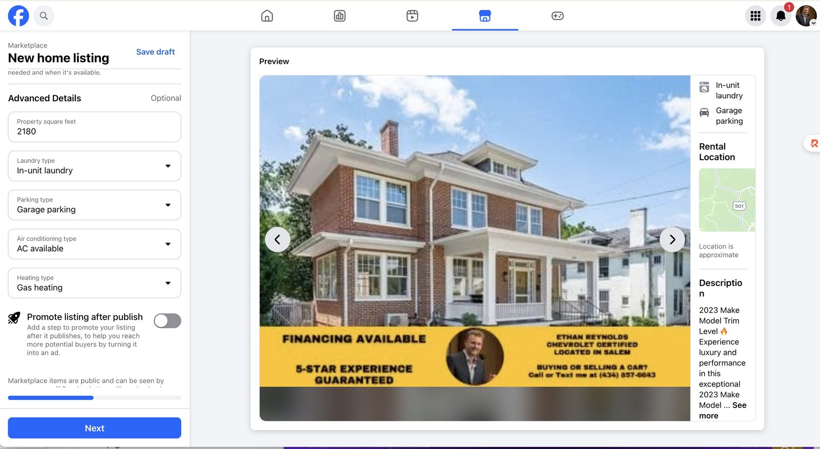 Facebook Marketplace home listing created by AutoLister Pro: square footage, laundry, parking, AC, and heating fields filled automatically, with a branded agent banner on the listing photo
