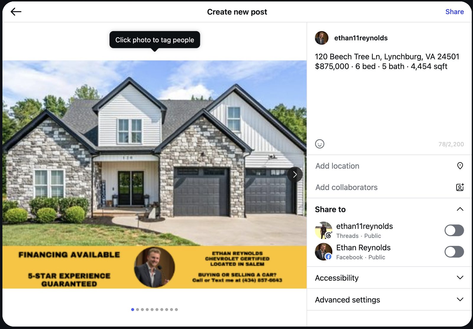 Instagram post being created by AutoLister Pro: a property listing with address, price, beds, baths, and square footage in the caption, branded banner on the photo, and share toggles for Threads and Facebook