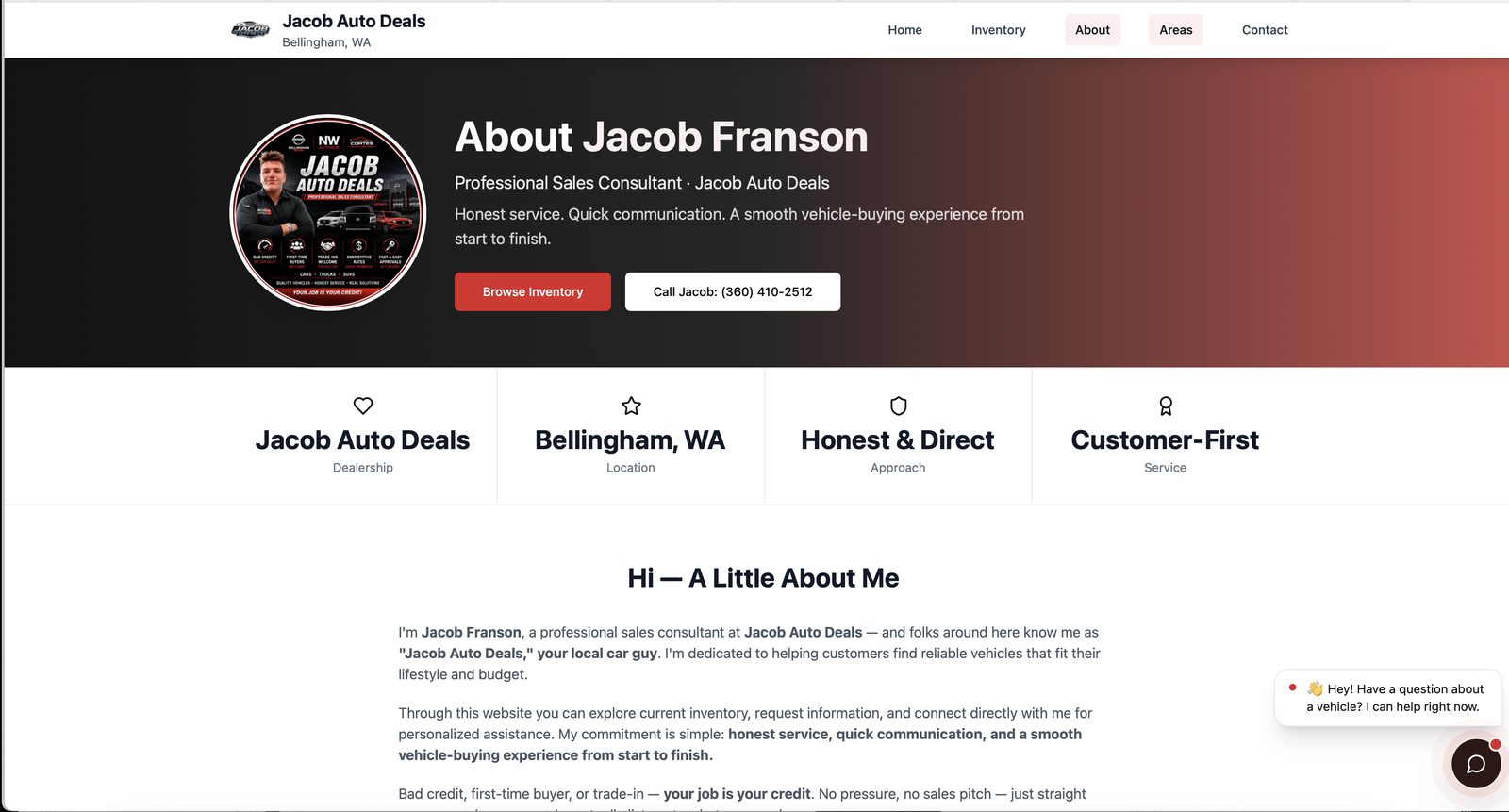 Jacob Auto Deals about page — bio, dealership info, and customer-first approach