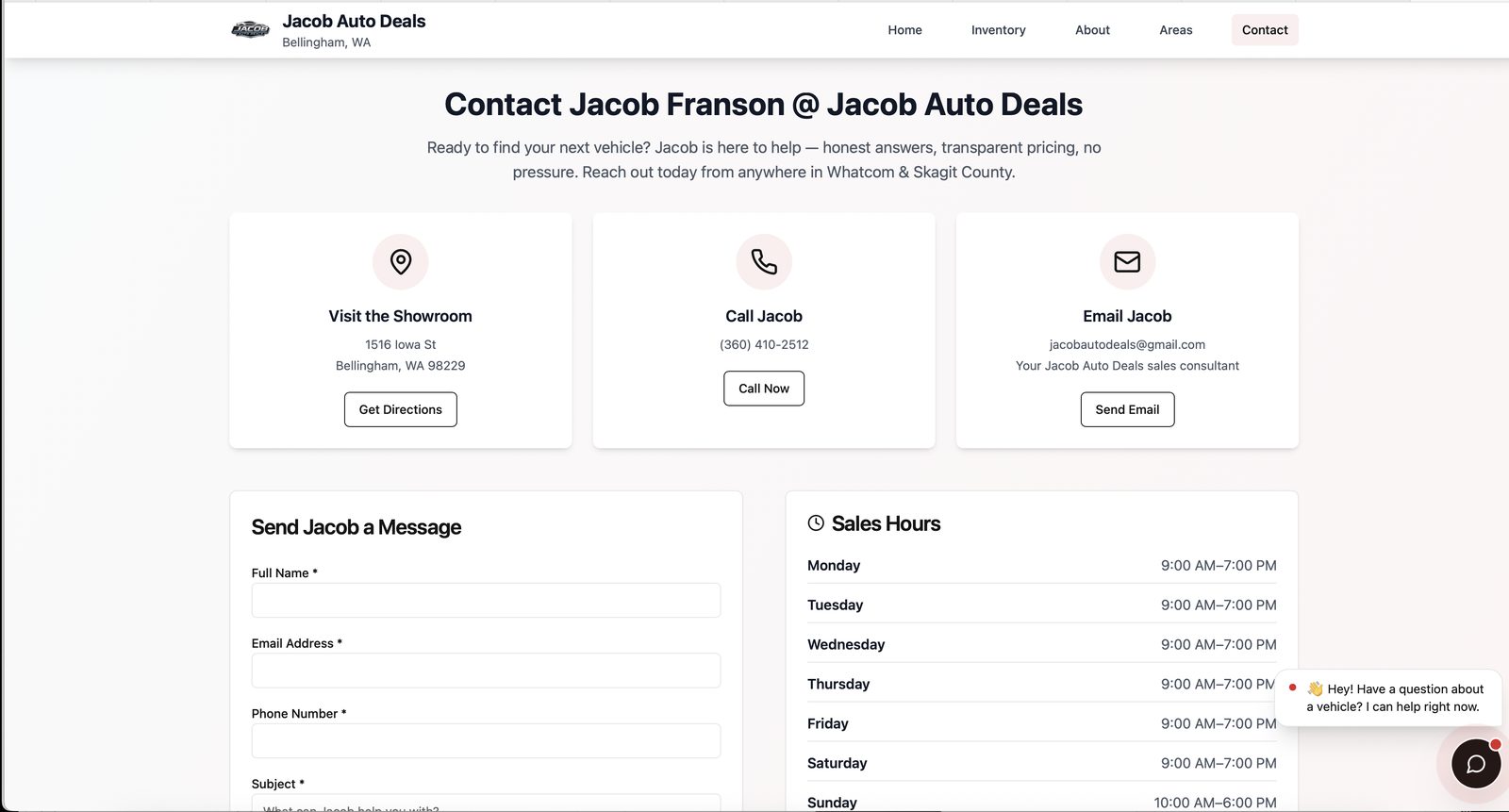 Jacob Auto Deals contact page — form, phone, email, and sales hours