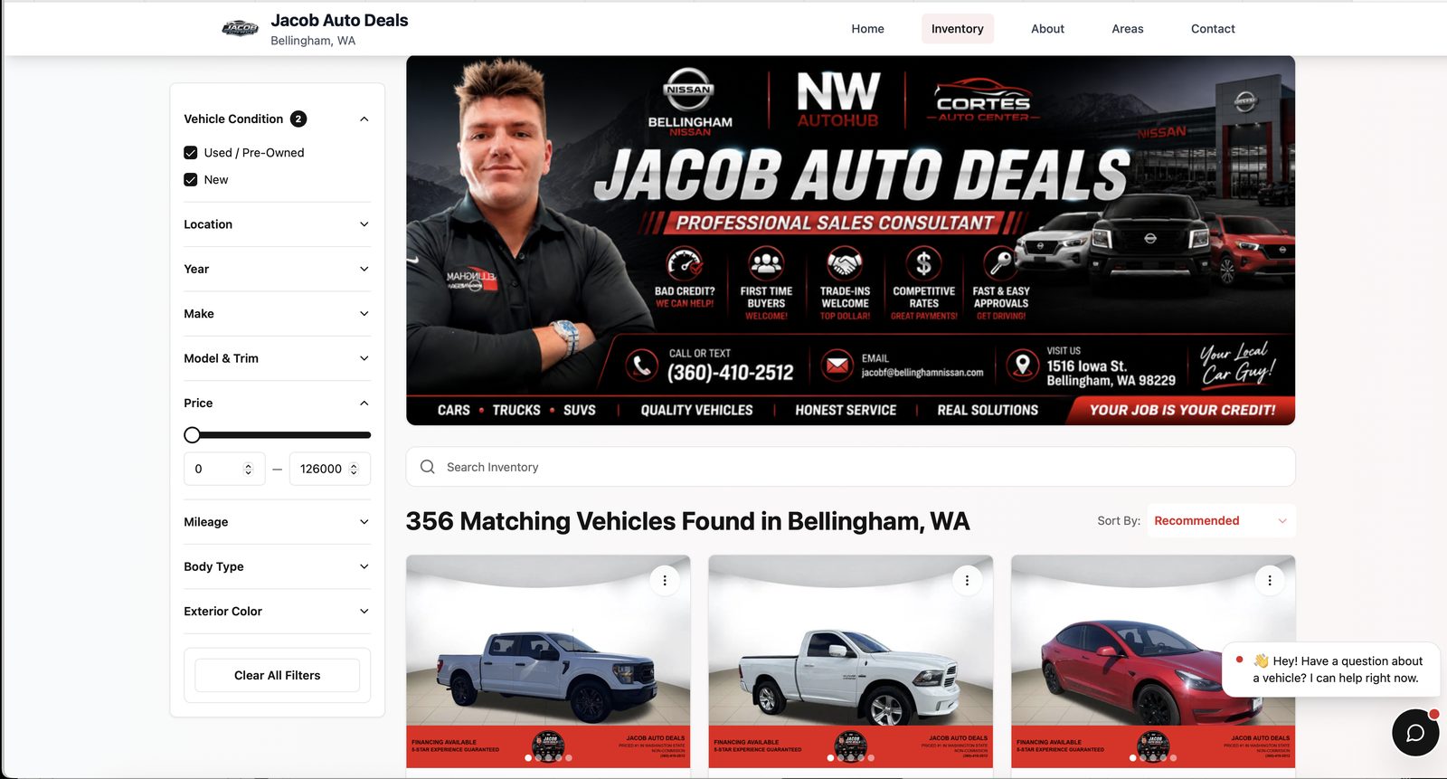 Jacob Auto Deals inventory page — 356 vehicles with search and filters