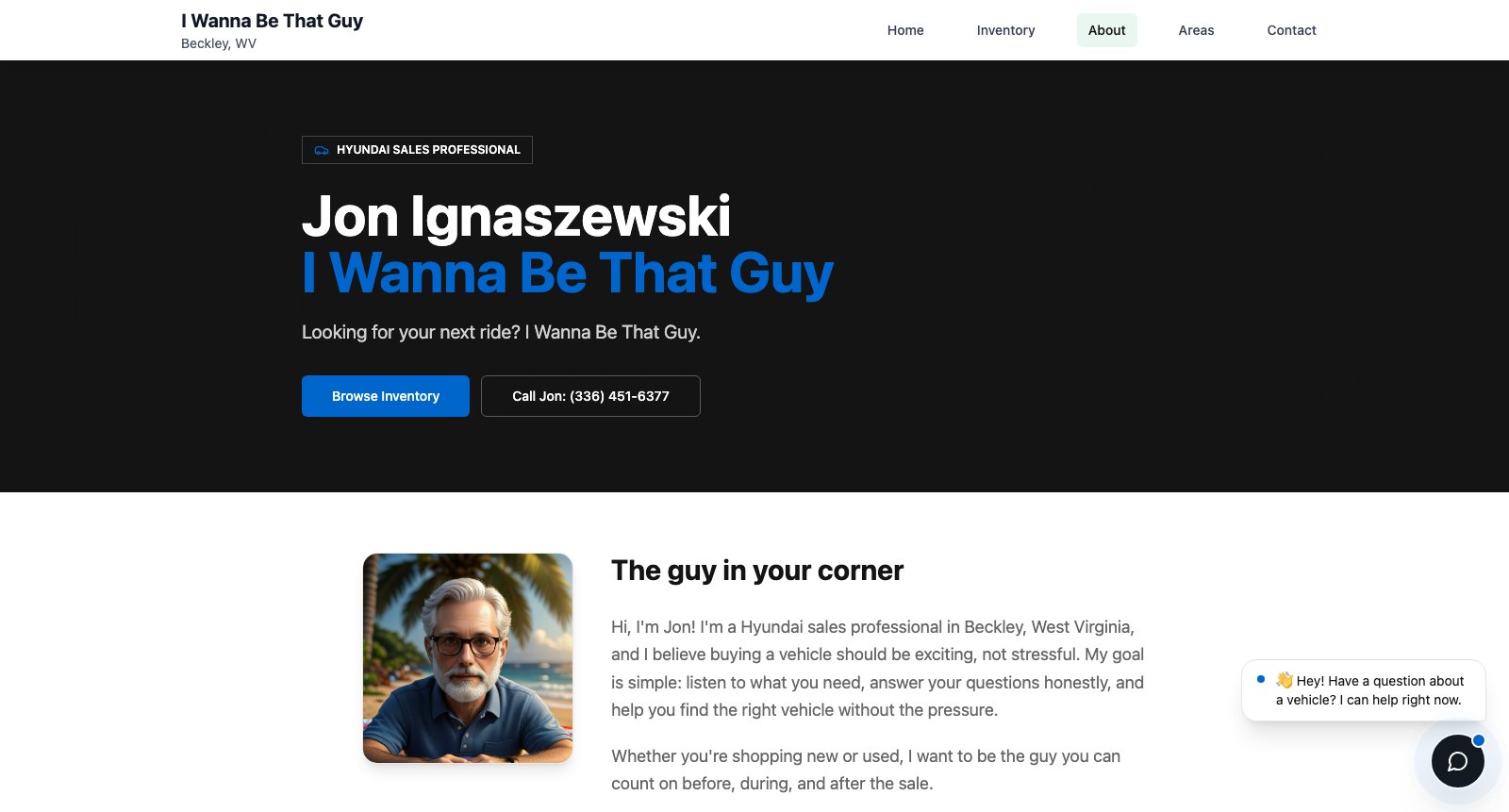 I Wanna Be That Guy about page — bio, dealership info, and customer-first approach