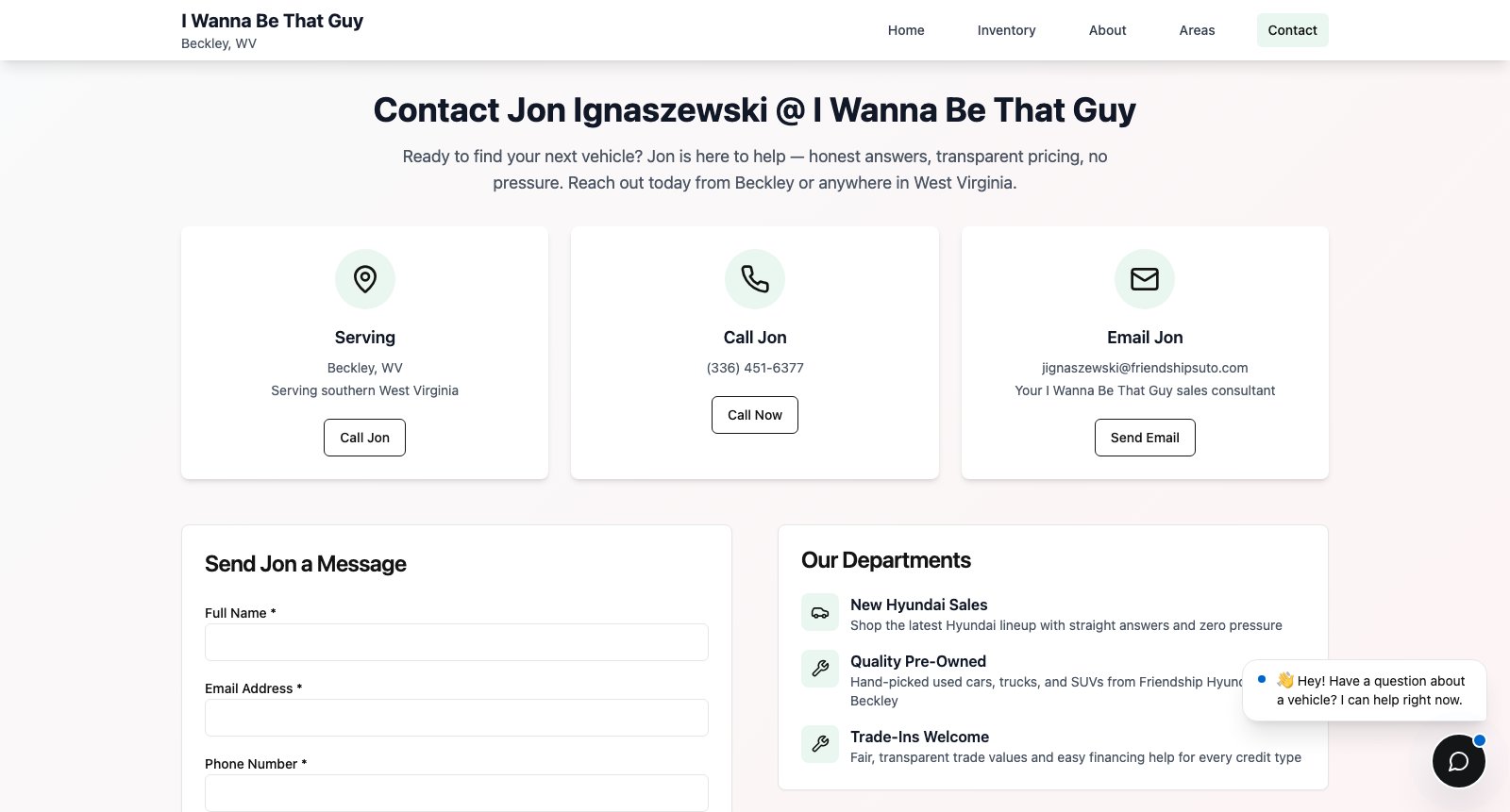 I Wanna Be That Guy contact page — form, phone, email, and sales hours