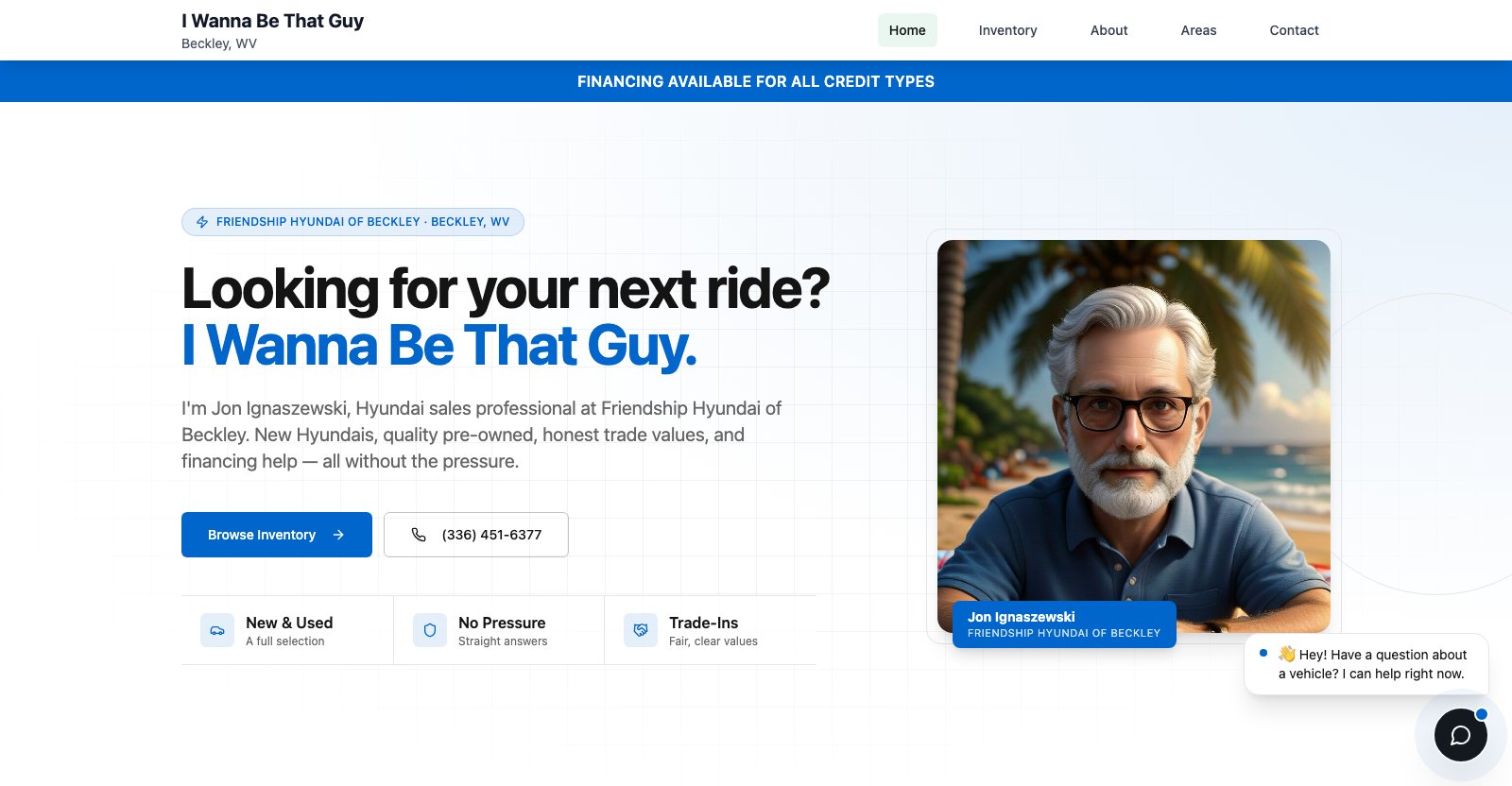 I Wanna Be That Guy — personal salesperson website built by AutoLister Pro