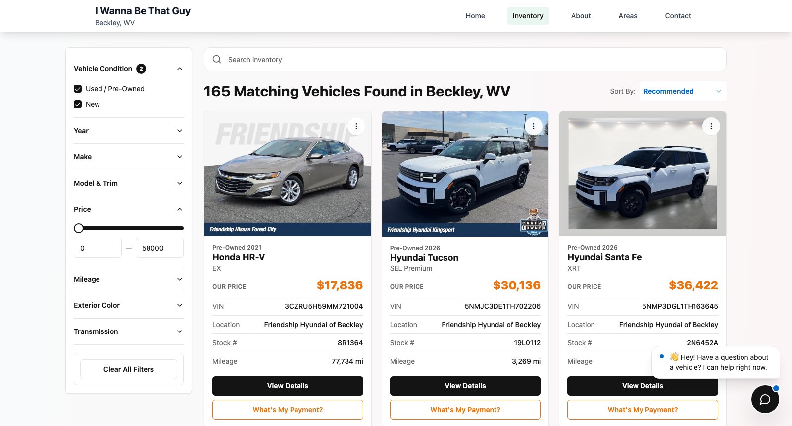 I Wanna Be That Guy inventory page — 165 vehicles with search and filters