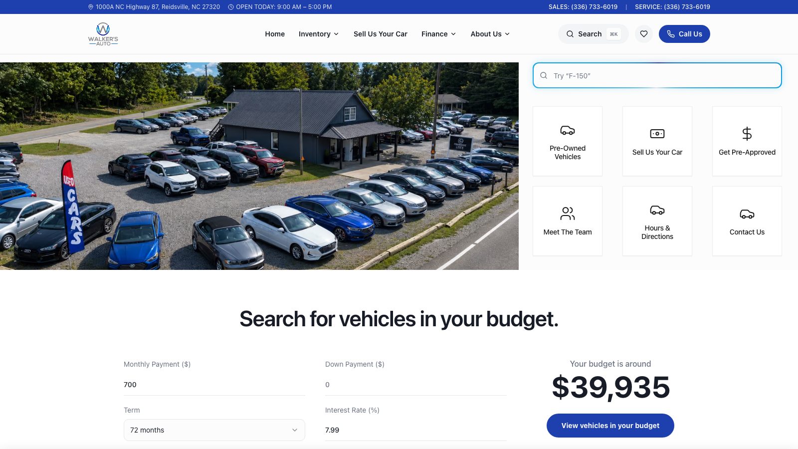 Walker's Auto — live Dealer Forge demo dealership website with inventory search, budget calculator, trade-in, and financing