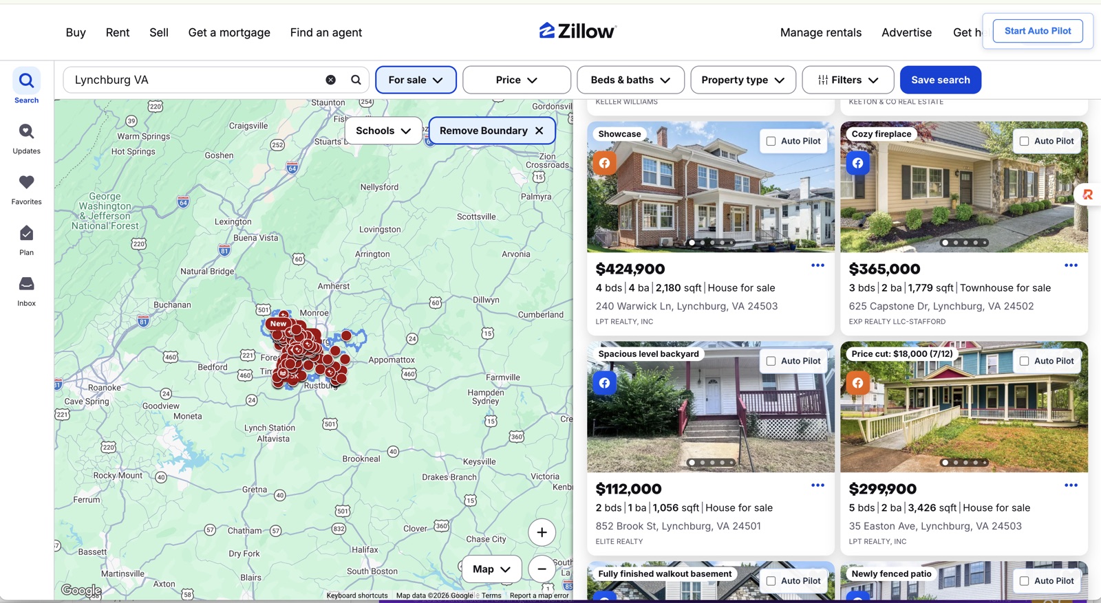 AutoLister Pro extension on Zillow search results: an Auto Pilot checkbox and a one-click Facebook posting button on every property listing