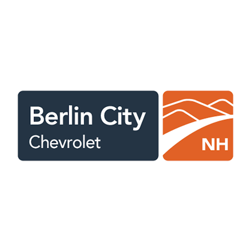 Berlin City Chevrolet logo with text on dark blue rectangle and orange graphic, 