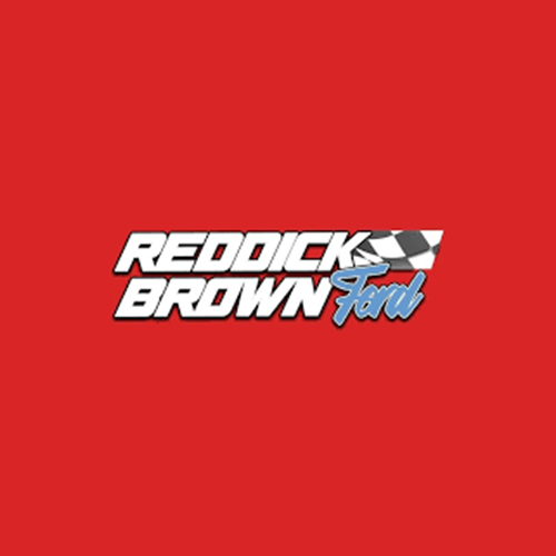 Reddick Brown Ford logo with white text on a red background, a checkered flag, and 